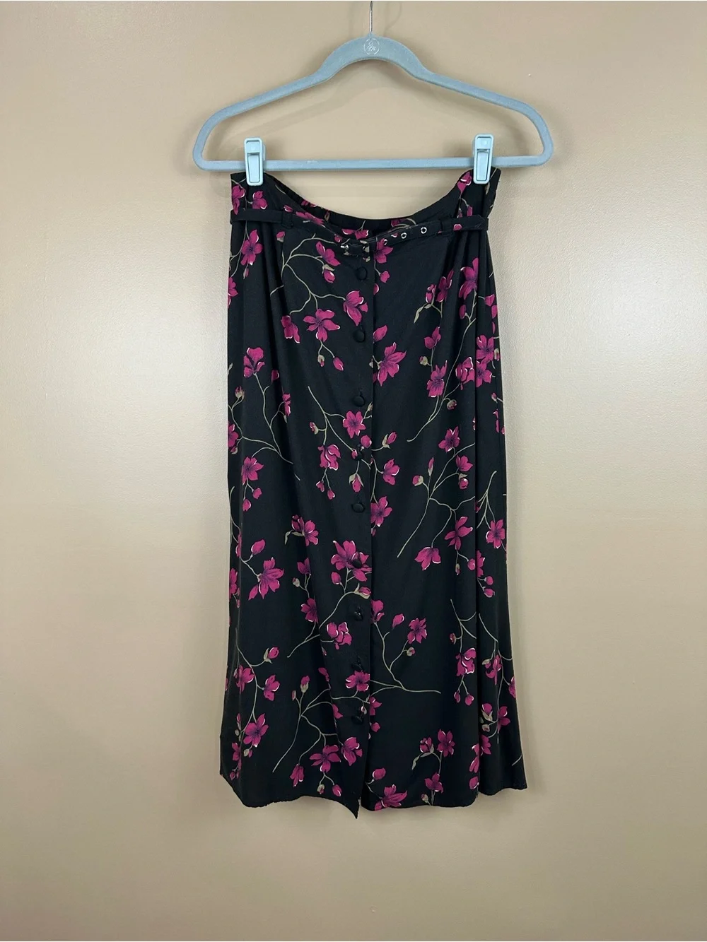 Vintage 90s Black Dark Floral Rayon Button Front Midi Skirt Petite M Whimsigoth